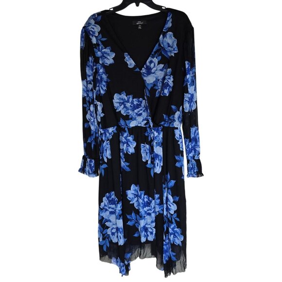 Mile Gabrielle Womens Plus Size 3X Black & Blue Floral Long Sleeve Wrap Dress - Picture 2 of 6